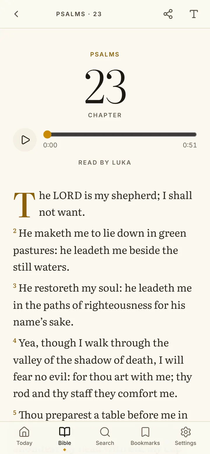 The chapter view: Psalm 23 with a drop cap and gold verse numbers