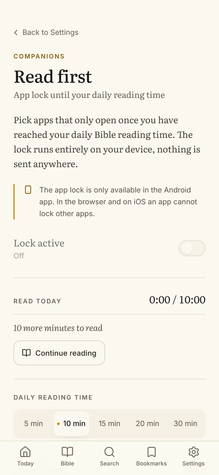 The app lock settings: lock active, 0 of 10 minutes read today, reading time selectable