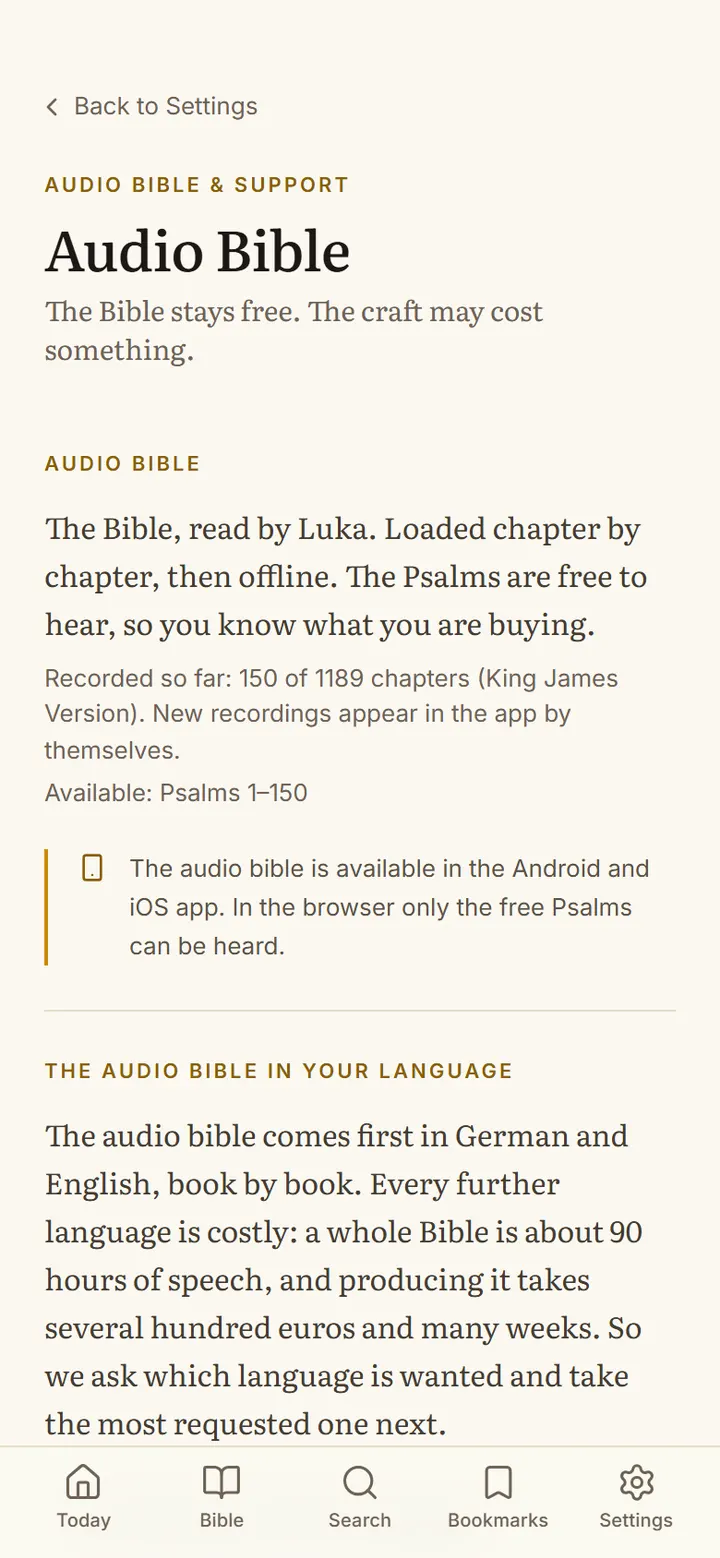 The audio bible page of the app with the sample, the price and the voice’s profile