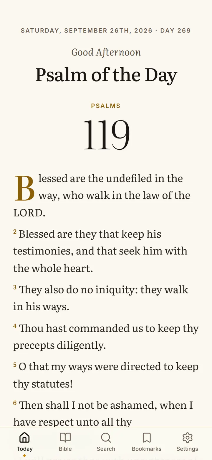 The home screen with the psalm of the day