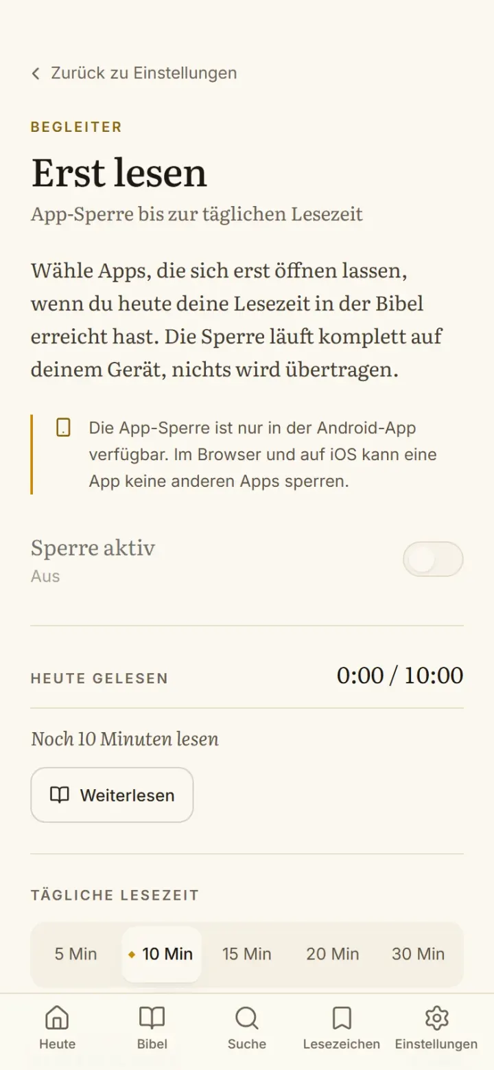 Die App-Sperre bis zur täglichen Lesezeit