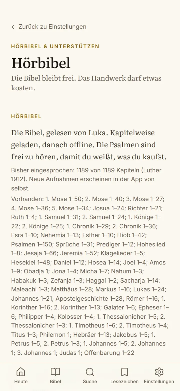 Die Hörbibel-Seite der App mit Hörprobe, Preis und dem Steckbrief der Stimme