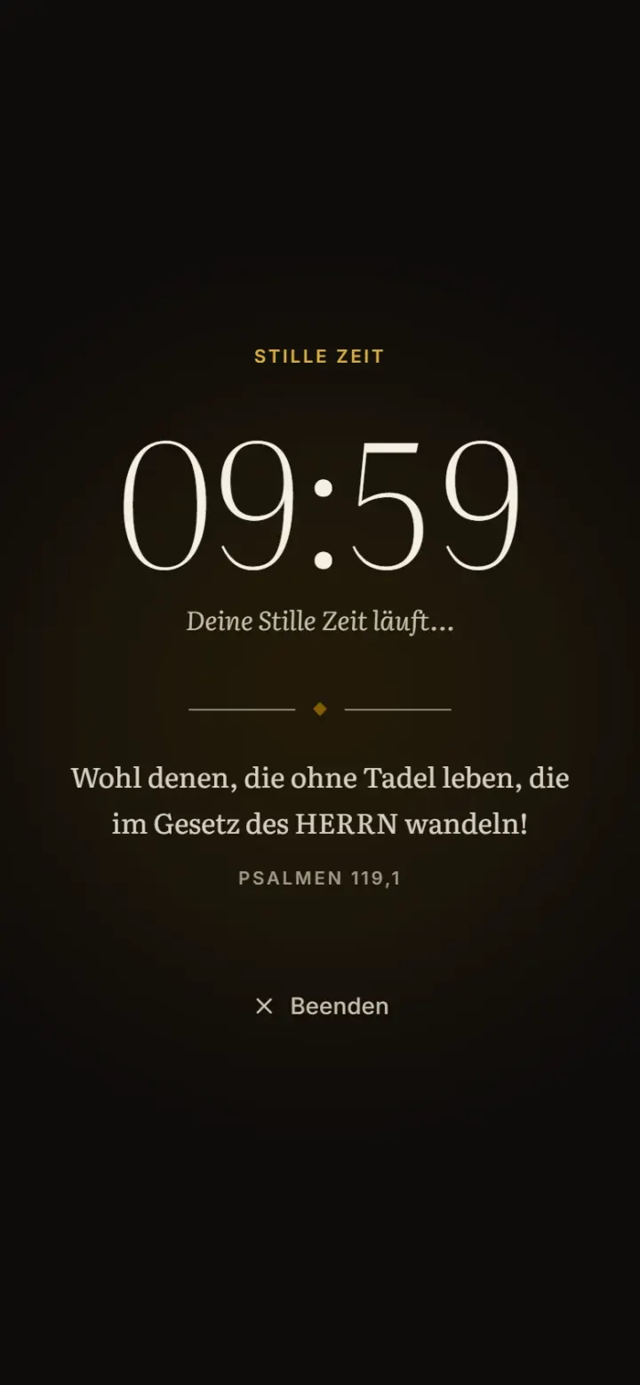 Der Stille-Zeit-Bildschirm mit Countdown und Vers