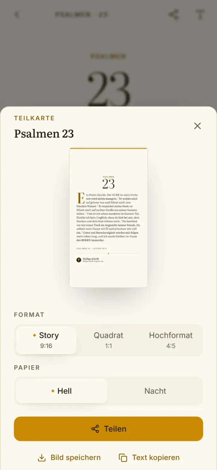 Die Teilkarte: Psalm 23 als Bild in drei Formaten, hell oder Nacht